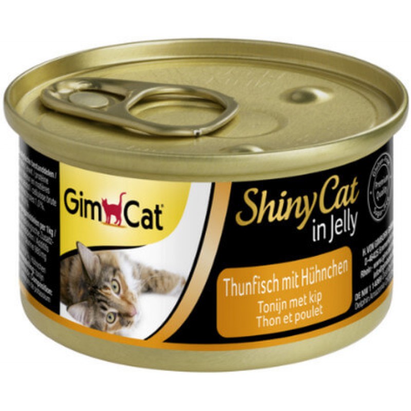 Gimcat shinycat υγρή τροφή για γάτες με υψηλής ποιότητας συστατικά, όπως τόνος & κοτόπουλο σε ζελέ